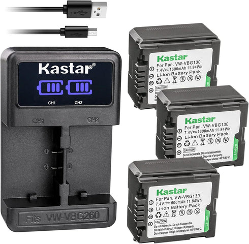Kastar 3-Pack VW-VBG130 Battery and LED2 USB Charger for Panasonic HDC-SD20, HDC-SD100, HDC-SD200 Cameras