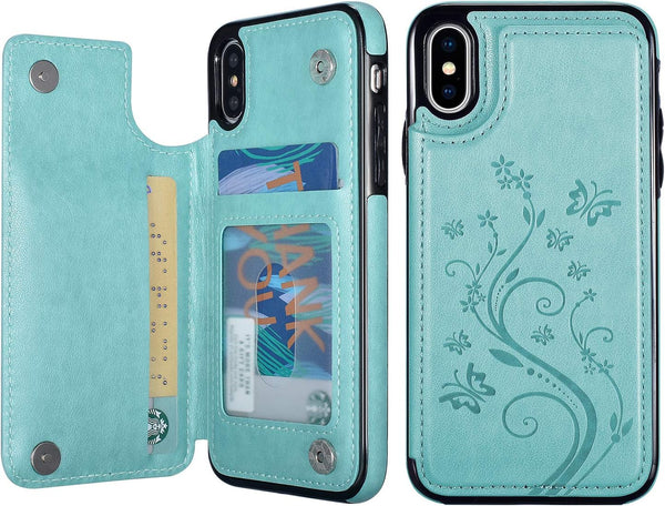 UEEBAI Case for iPhone XR, Luxury PU Leather Case with Card Slots, Stand Function, Butterfly Flower Pattern, Mint Green