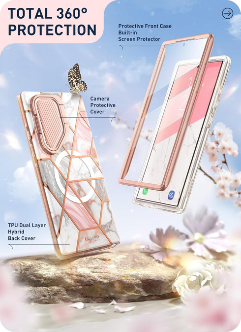 i-Blason Cosmo Case for Samsung Galaxy S24 Ultra - Slim Marble Design, Built-in Screen Protector, Kickstand, S Pen &