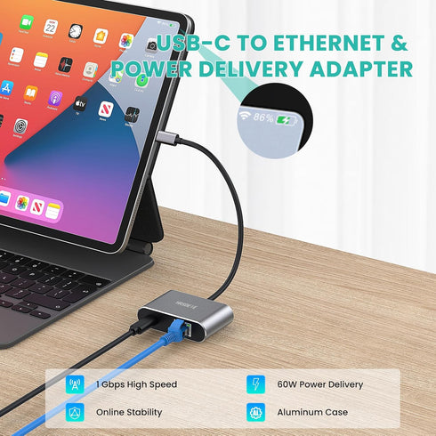 USB C Gigabit Ethernet Adapter with 60W Charging Port, 1000 Mbps Ethernet to Type C for MacBook Pro, iPad Air