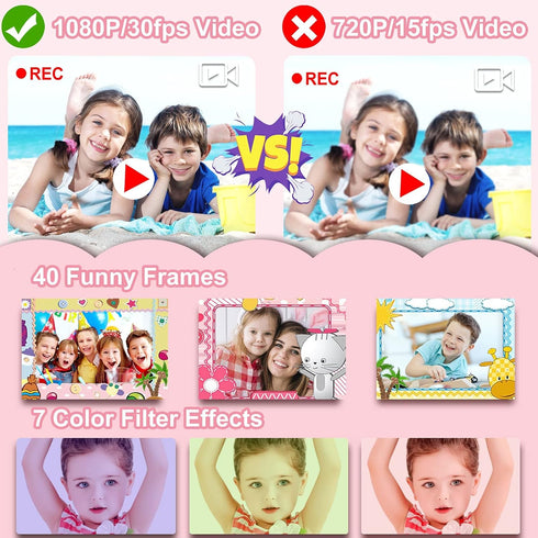 PROGRACE Kids Waterproof Camera Gift Toy, 1080P Digital Video Camera for Kids, Toddler Camcorder for Girls Age 3-14