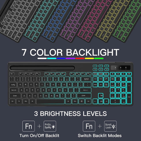 Wireless Keyboard with 7-Color RGB Backlit, Full-Size Computer Keyboard with Phone Tablet Holder, Rechargeable Gaming