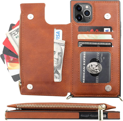 Bocasal Crossbody Wallet Case for iPhone 11 Pro Max, Card Holder Zipper Slot Protector with Removable Strap, Brown