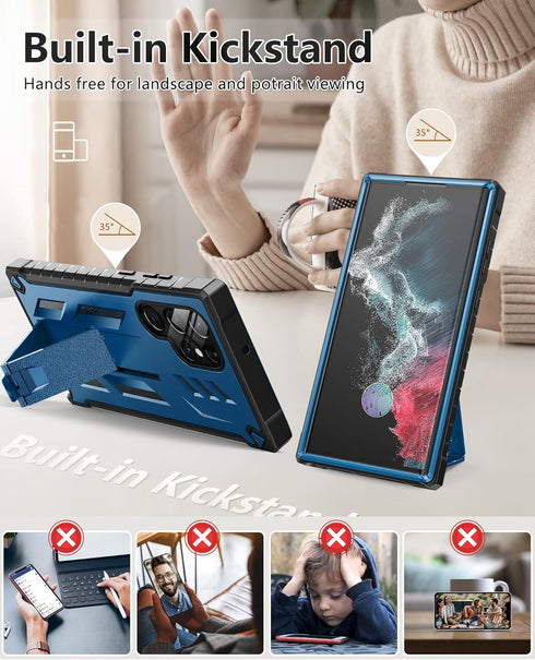 FNTCASE Samsung Galaxy S22 Ultra Case: Blue, Built-in Screen Protector, Kickstand, Belt-Clip Holster, Rugged Heavy Duty