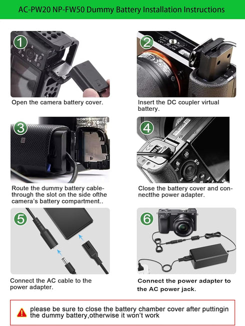 Gonine AC-PW20 Power Supply NP-FW50 Dummy Battery Kit for Sony Alpha ZV-E10, A6400, A6000, A5100 Cameras