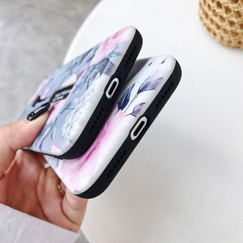 Compatible with iPhone 11 Pro Max Case, Finger Grip, 3D Embossed Pink Flowers Gray Shell Design, Rugged Shockproof Case