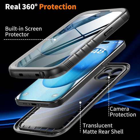 Cozycase iPhone 13 Waterproof Case, Full Body Dustproof Shockproof with Built-in Screen Protector (Black)