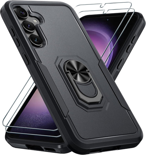 Janmitta Galaxy S23 FE Case, Heavy Duty Shockproof Cover with Rotatable Ring & 2 Screen Protectors, 2023 Black Matte