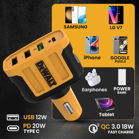DEWALT 60W USB C Car Charger, 4 Port Fast Adapter, PD Type C Compatible with iPhone 15/Samsung, Cigarette Lighter