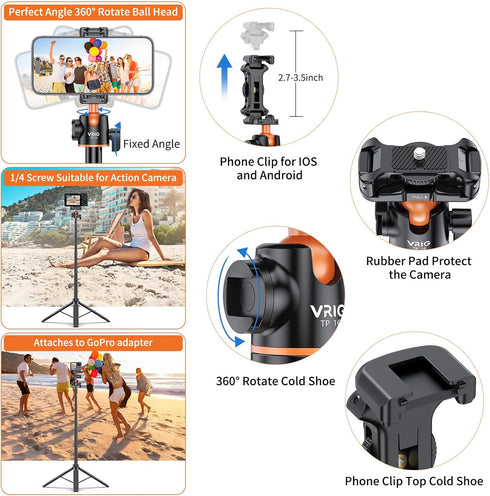 VRIG TP16 Camera Tripod - 55 inch Extendable Phone Selfie Stick Stand with 2 in 1 Phone Clip, 360° Ball Head