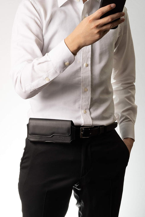 De-Bin Holster for Galaxy S24, iPhone 15/14/13/12/11/X/Xs/10 - Black Belt Clip Pouch with Magnetic Cover, Fits Otterbox.