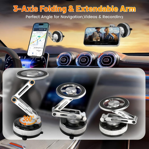 GSCAME 360 17/16/15 Heavy Duty Metal Magnetic Dash Mount Car Phone Holder - Extendable Long Arm+Strong Suction Cup
