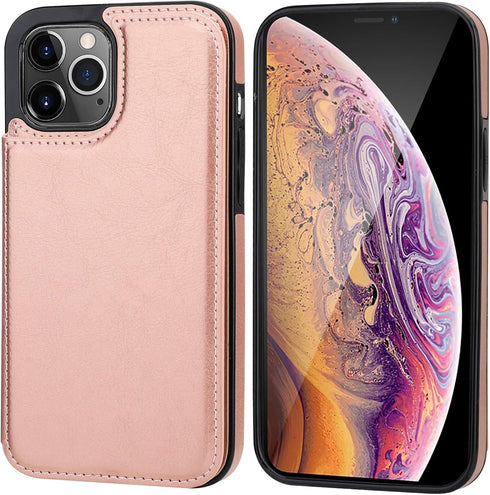 ONETOP Wallet Case for iPhone 12/12 Pro, PU Leather with Card Holder, Kickstand, Rose Gold