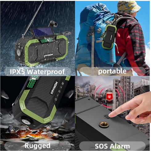 Emergency Radio Waterproof Bluetooth Speaker, Portable AM FM NOAA Weather Radio, Hand Crank Solar Powered, 5000mAh