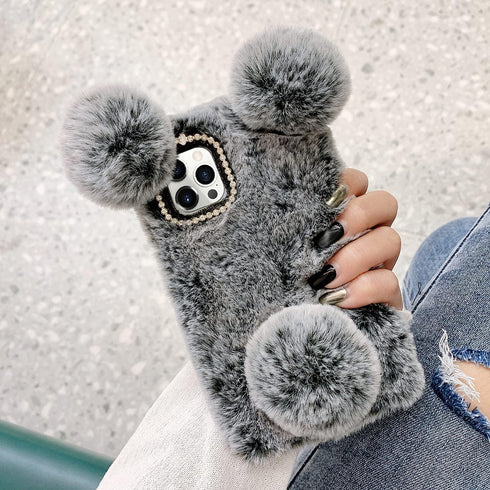 LUVI Plush Furry Case for iPhone 12 Pro Max, Cute Cartoon Bear Ear with Bling Glitter Cover (Gray)