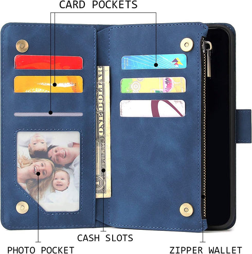 UEEBAI Blue Wallet Case for Samsung Galaxy Note 20 5G, Vintage PU Leather Magnetic Closure with Zipper Pocket and Card