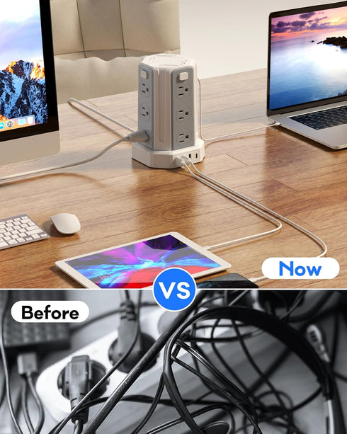 Power Strip Surge Protector, 10 Ft Extension Cord with 12 AC Outlets, 4 USB (1 USB C), White Desktop Charging Station