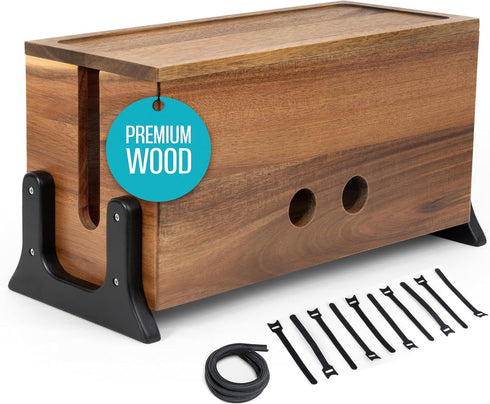Extra Large Wood Cable Management Box - Cord Organizer Hider for Office, TV Wires, Desk (Solid Acacia)