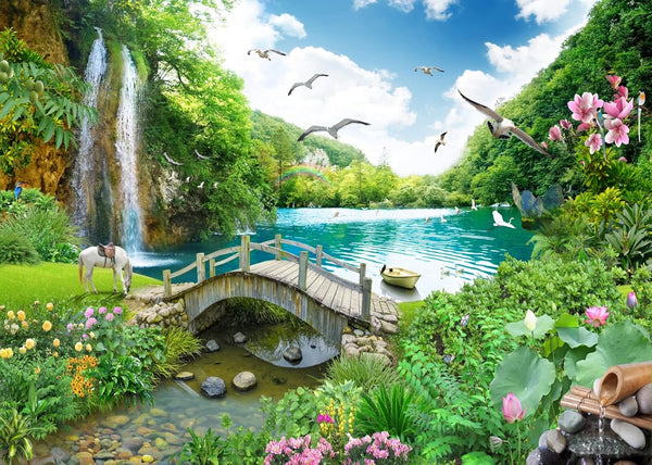 BELECO Picturesque Garden Background Fabric: 5x3ft Outdoor Tropical Landscape Mountain Trees Waterfall Scenery Backdrop