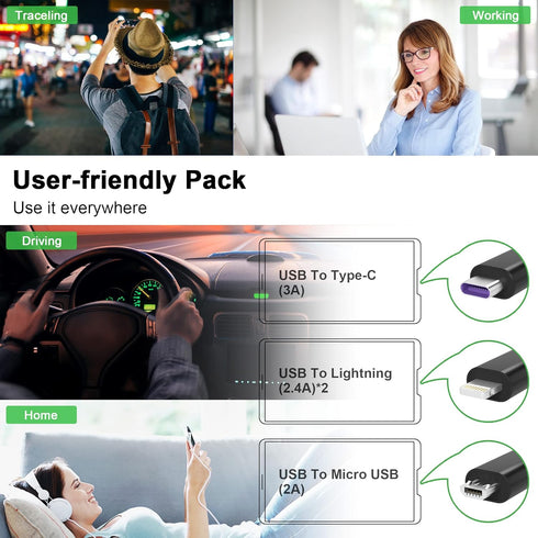 USB C to Multi 4 in 1 Long Charger Cable - Dual Lightning/Type C/Micro USB Connector, 2M/6Ft 6A PD Fast Long Charging