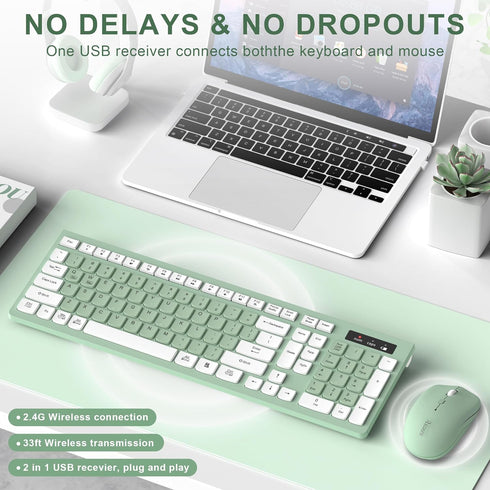 RECCAZR 2.4GHz Wireless Keyboard and Mouse Combo, Full-Sized Wireless Keyboard and Adjustable DPI Mouse, USB Receiver