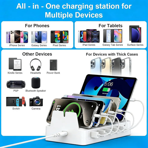 COZOME 6 Charging Station for Multiple Devices, Port USB Desktop Charger Dock Compatible with iPad, Samsung, Android