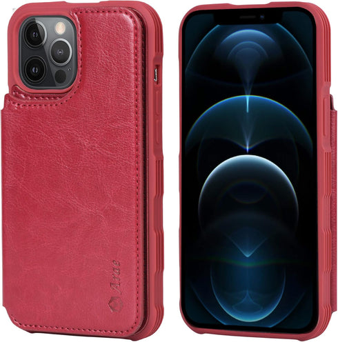 Arae Compatible for iPhone 12 Pro Max Case - Wallet Case with PU Leather Card Holder Back Flip Cover (Wine Red)