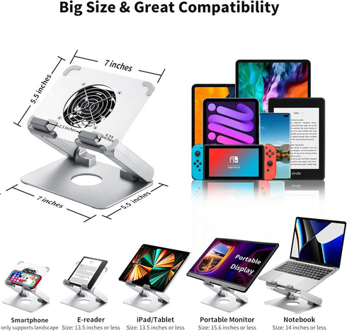 Heavy Sturdy Aluminum Writing Drawing Stand Tablet Riser for iPad, Samsung Tab, Surface Pro, with Cooling Fan