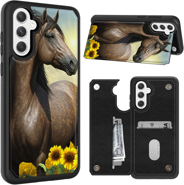 Samsung Galaxy S24 Case, Wallet Case with Card Slots & Kickstand, PU Leather Cover, Soft TPU Protective, Horse and