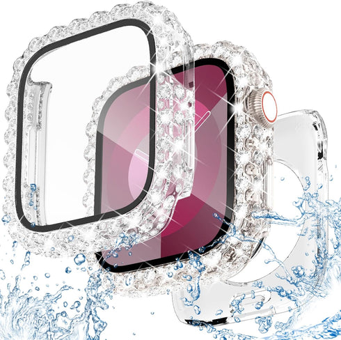 NewWays 2 in 1 Waterproof Bling Case 44mm for Apple Watch, Lace Full Glitter Diamond Rhinestone Bumper Cover