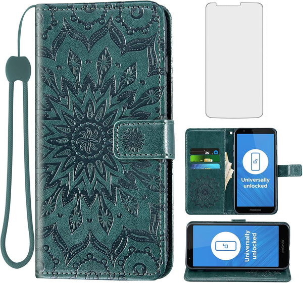 Motorola Moto E6 Wallet Phone Case with Tempered Glass Screen Protector, Leather Flip Cover, Card Holder Stand, Dark