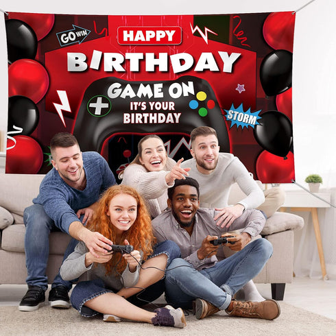 Sumind Video Game Happy Birthday Backdrop Banner for Boys Birthday Party Decorations, 70.8 x 43.3 Inch