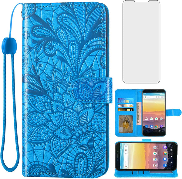 Asuwish Lace Wallet Phone Case for Cricket Vision 3/Debut/AT&T Calypso 1 2 with Tempered Glass & Card Holder - Blue