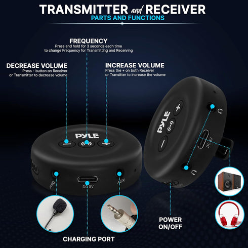 PyleUsa Wireless Low-Latency Transmitter/Receiver Set for Presentations, Projectors, TV, Soundbar, Includes Lavalier Mic