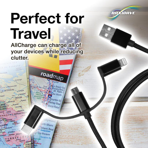 BoxWave D19 MP3 3-in-1 Cable Compatible with RUIZU Bluetooth Player - AllCharge Cable - Jet Black