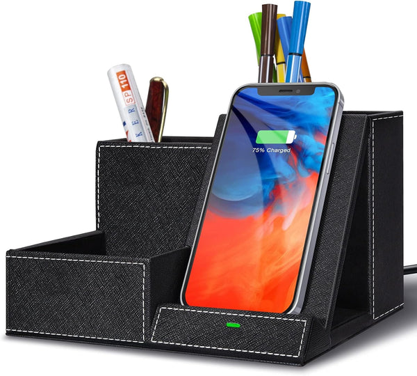 TopMade Fast Wireless Charger with Desk Organizer, Multifunctional Desktop Storage with 3 Compartments and Phone Stand