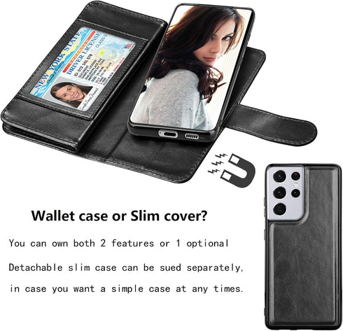 Njjex Wallet Case for Galaxy S21 5G - Black, 9 Card Slots, PU Leather, Detachable Kickstand, Magnetic Cover & Lanyard