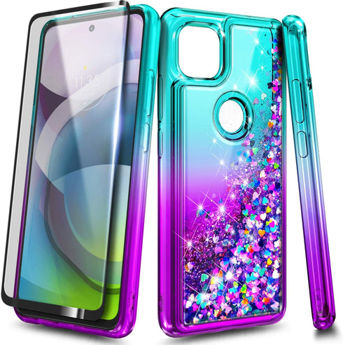 NZND Case for Motorola One 5G Ace - Tempered Glass Screen Protector, Sparkle Glitter Flowing Liquid Case