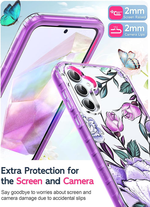 LeYi Dual Layer Exquisite Cute Flower Floral Pattern Full Body Protective Rugged Shockproof Case for Samsung Galaxy