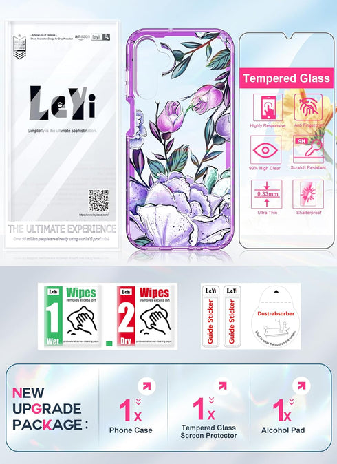 LeYi Dual Layer Cute Flower Pattern Case for Samsung Galaxy A15-5G with Glass Screen Protector, Rugged Shockproof -