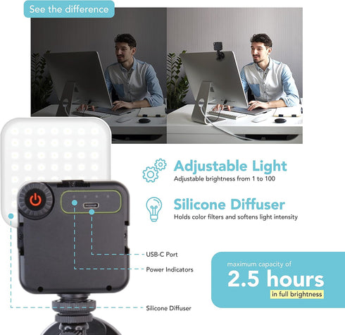 Foto&Tech Dimmable 2100mAH LED Laptop Lighting Kit, Rechargeable Light Panel with Diffuser and Strong Suction Cup