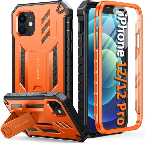 FNTCASE iPhone 12 Pro Case: Rugged Military Grade Drop Proof Cover with Kickstand, Matte Textured TPU, 6.1" - Orange