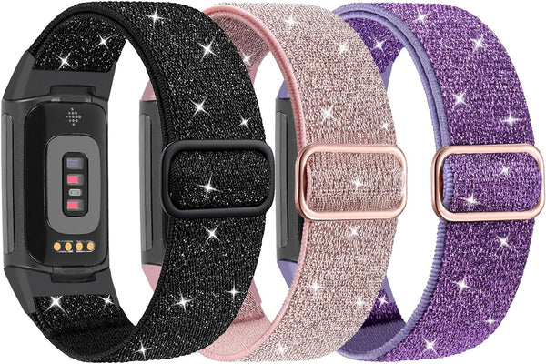 Nigaee 3 Pack Elastic Nylon & Lace Silicone Bands for Fitbit Charge 5/Charge 6, Adjustable Replacement Straps