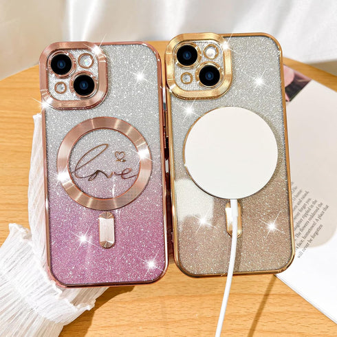 Fiyart iPhone 15 Plus Case, Compatible with MagSafe, Love Heart Plating Design, Magnetic Glitter Shockproof Back