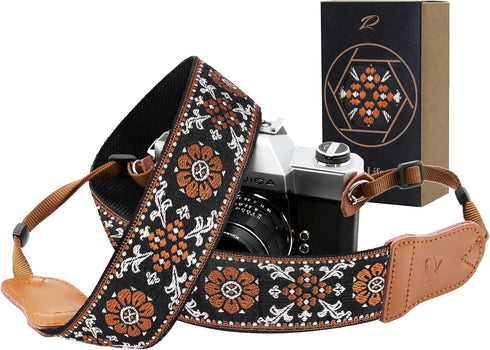 Padwa Lifestyle Camera Strap - 2" Wide Double Layer Cowhide Cotton Strap, Vintage Jacquard Embroidery for DSLR Cameras