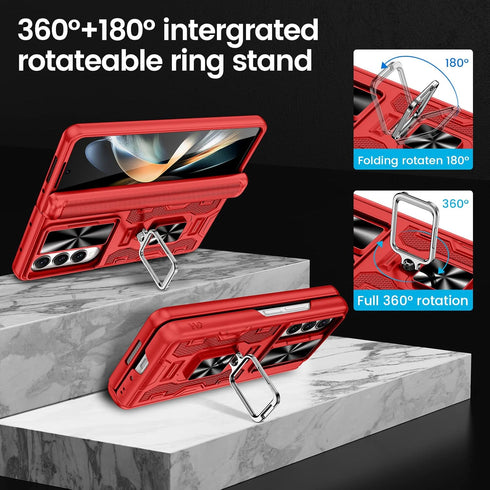 VEGO Case for Galaxy Z Fold 4 with Kickstand, Hinge Protection, Belt Clip Holster, Front Screen Protector, Red