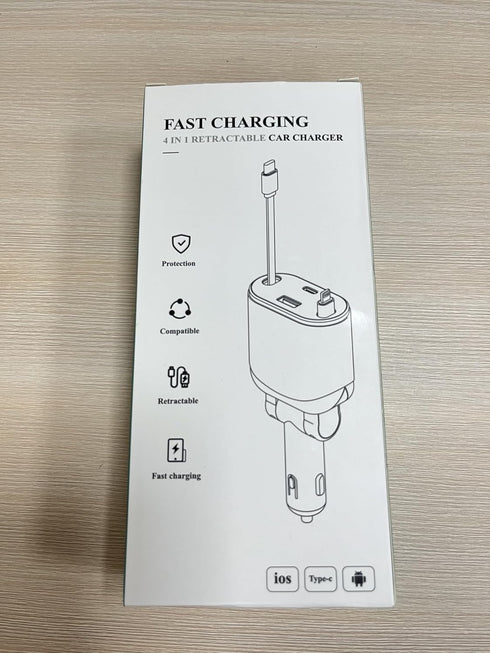 Retractable Car Charger 4 in 1 Fast Charging Adapter, 62W Type-C/Lightning Cables for iPhone 16/15/14/13/12 Pro Max