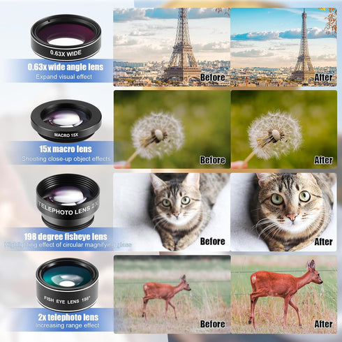 16 Pcs Phone Camera Lens Kit, 16 in 1 with Selfie Light and Universal Clip for Most Phones