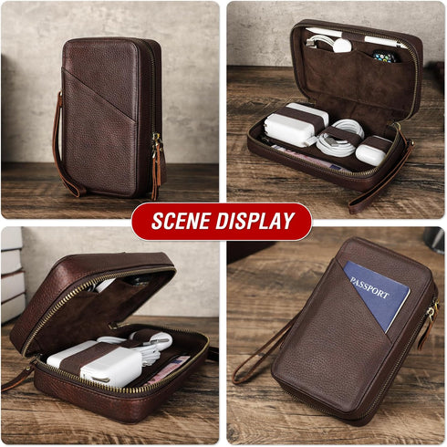 Electronic Organizer Case Tech Kit, Handmade Leather, Portable Travel Storage for Phone, USB Cables, Chargers