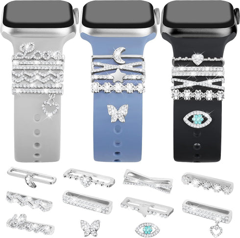 JR.DM 11-Pcs Super Bling Watch Charms with 9-Pcs Decorative Rings, Compatible with Apple Watch Band Accessories